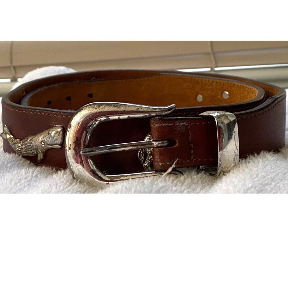 Honest by Brighton Vintage Brown Leather Animal Belt 32 Solid Brass Buckle 60407